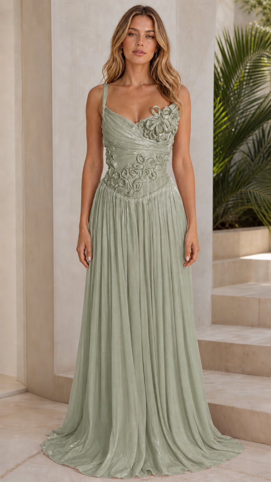 Sage green floral applique pleated evening dress front view