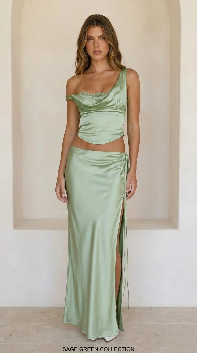 Front view of sage green satin two-piece set