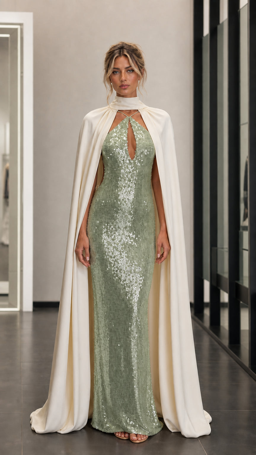 Front view of sage green sequin evening dress with cape