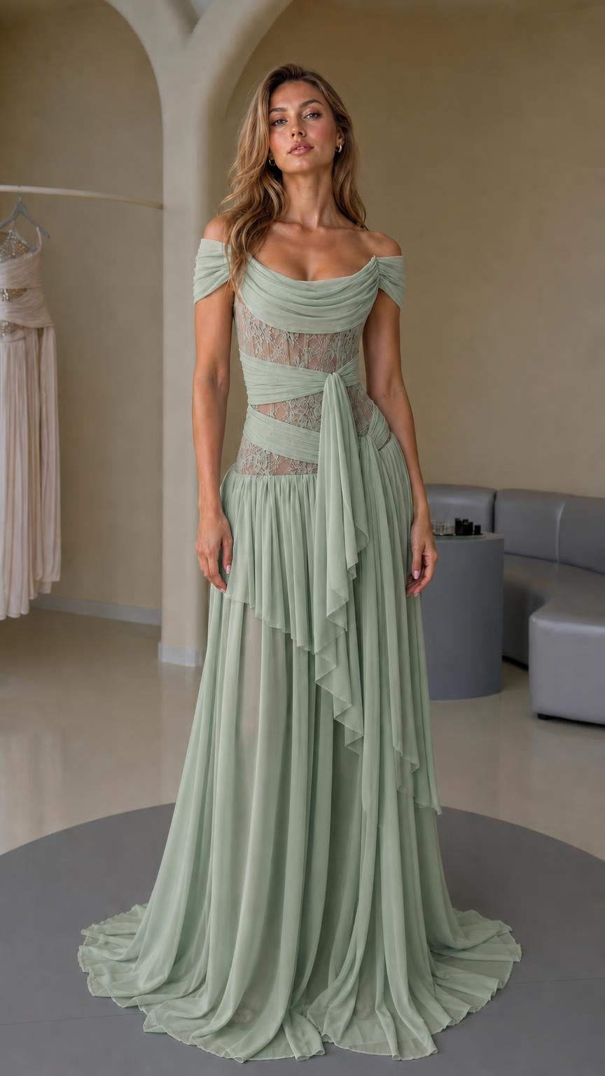 Front view of sage green off-shoulder dress