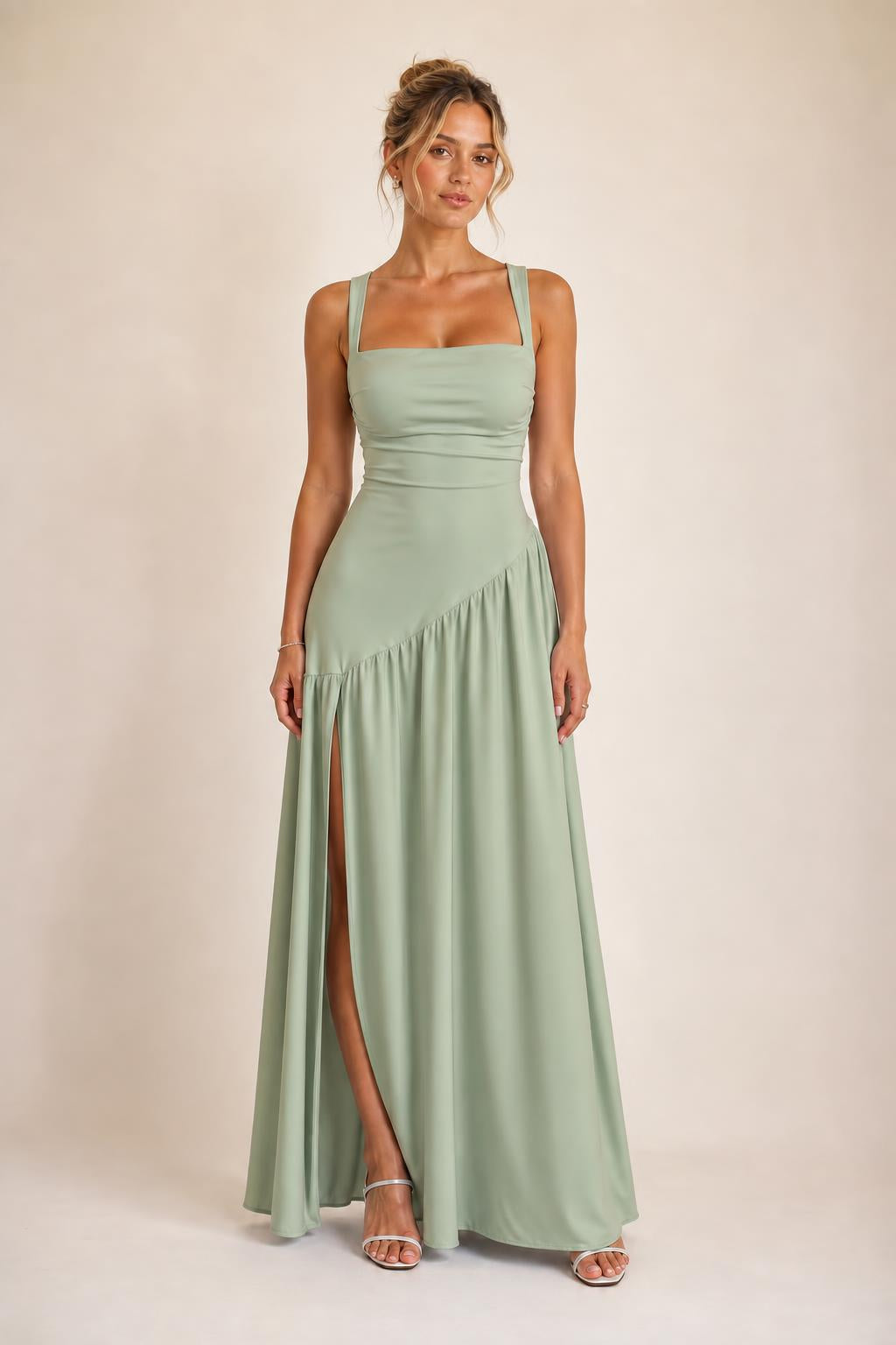 Front view of sage green maxi dress variant