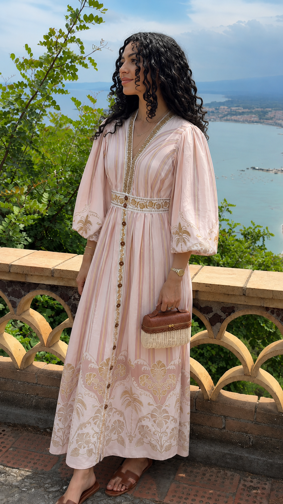 Front view of blush pink bohemian print maxi dress with soft puff sleeves