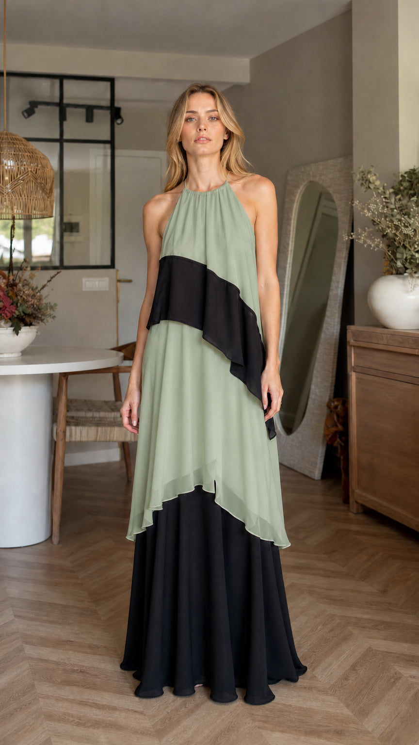 Front view of sage green color-block halter maxi dress