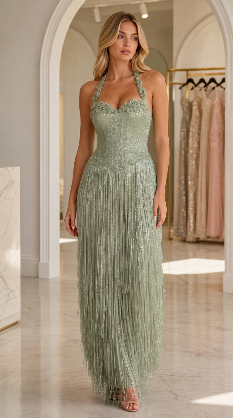 Full-length view of model in sage green glitter sequin halter fringe dress