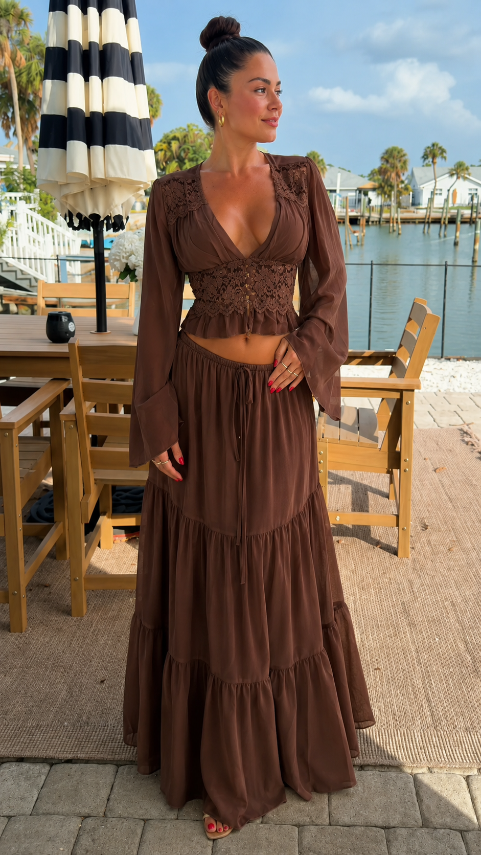 Front view of chocolate brown boho two-piece maxi skirt set