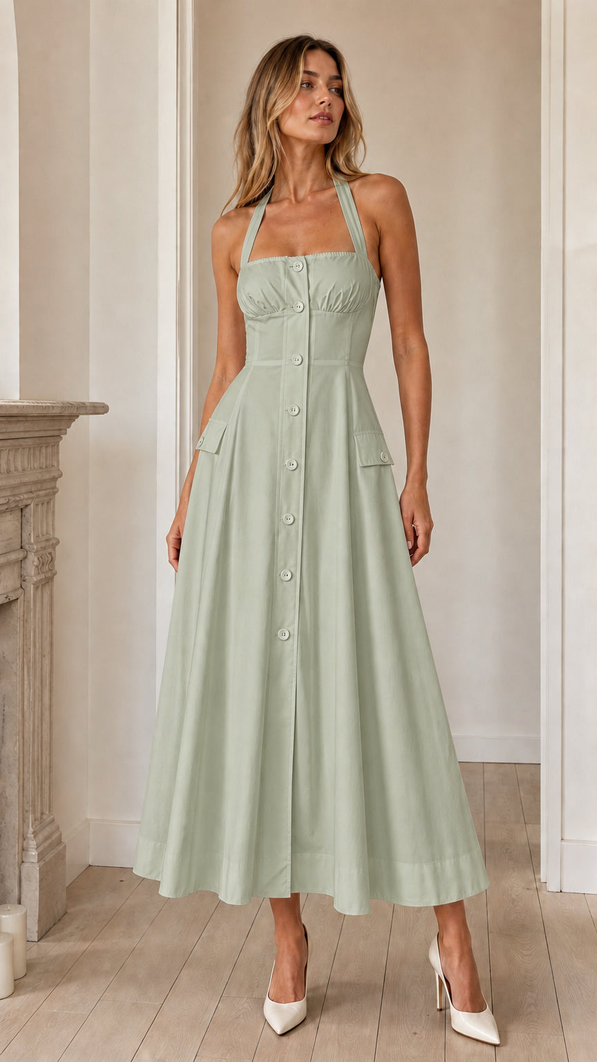Front view of sage green halter midi dress variant