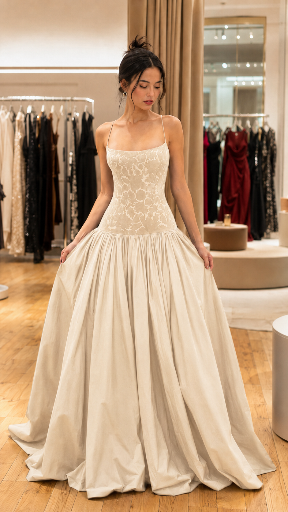 Ivory formal ball gown with square neckline, slim straps, and dramatic full skirt