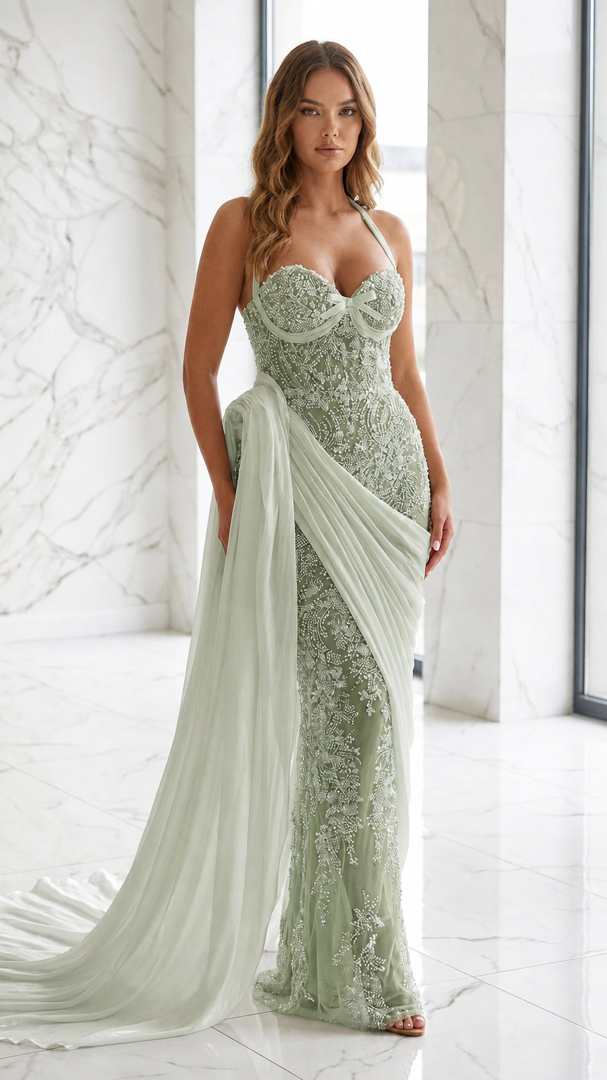 Model wearing sage green beaded evening gown with white draped train