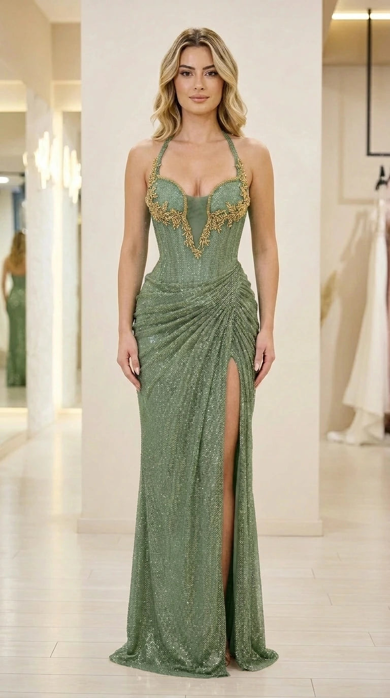 Front view of sage green glitter evening gown