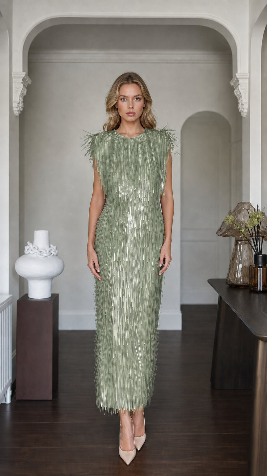 Front view of sage green fringe maxi dress