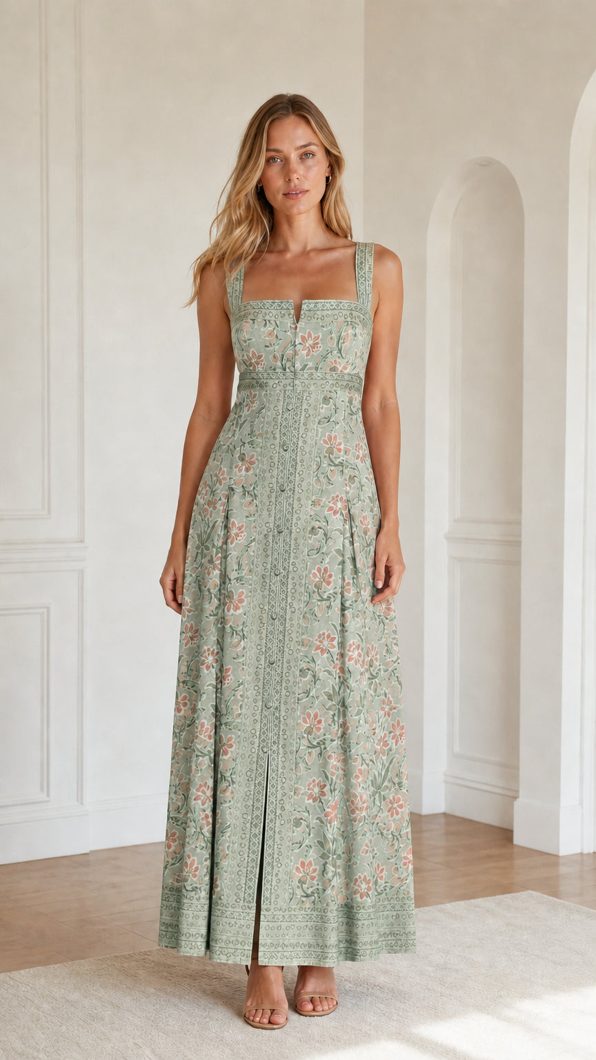 Model wearing sage green floral print maxi dress