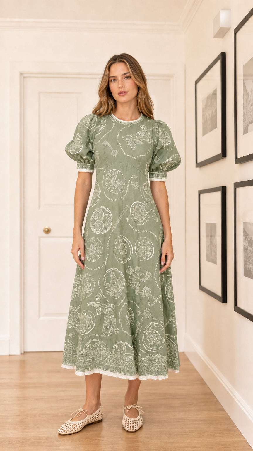 Woman wearing sage green embroidered puff sleeve midi dress