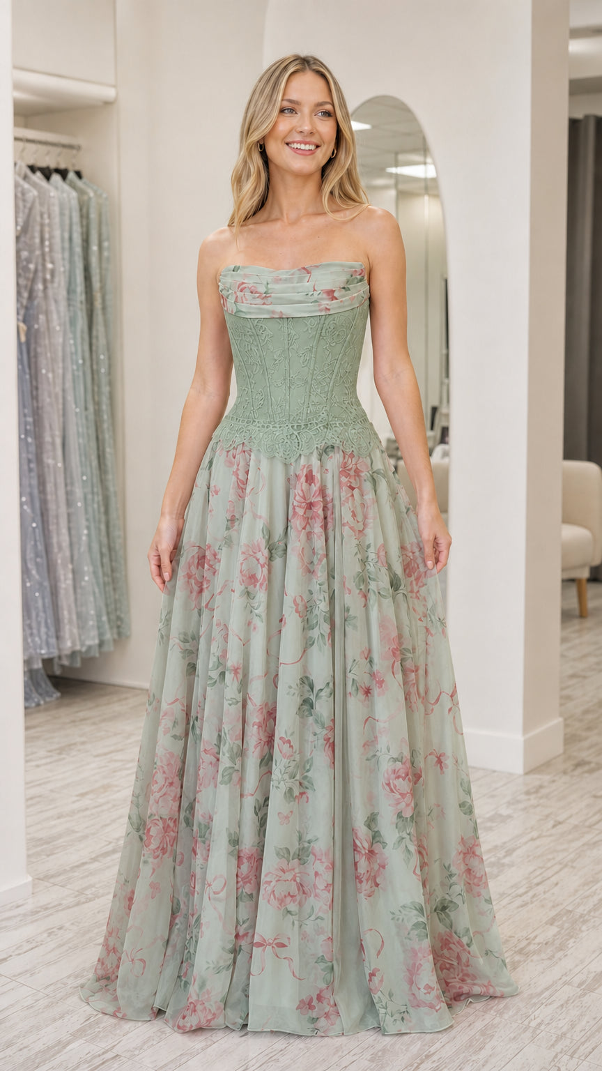 Model wearing green strapless floral corset long dress