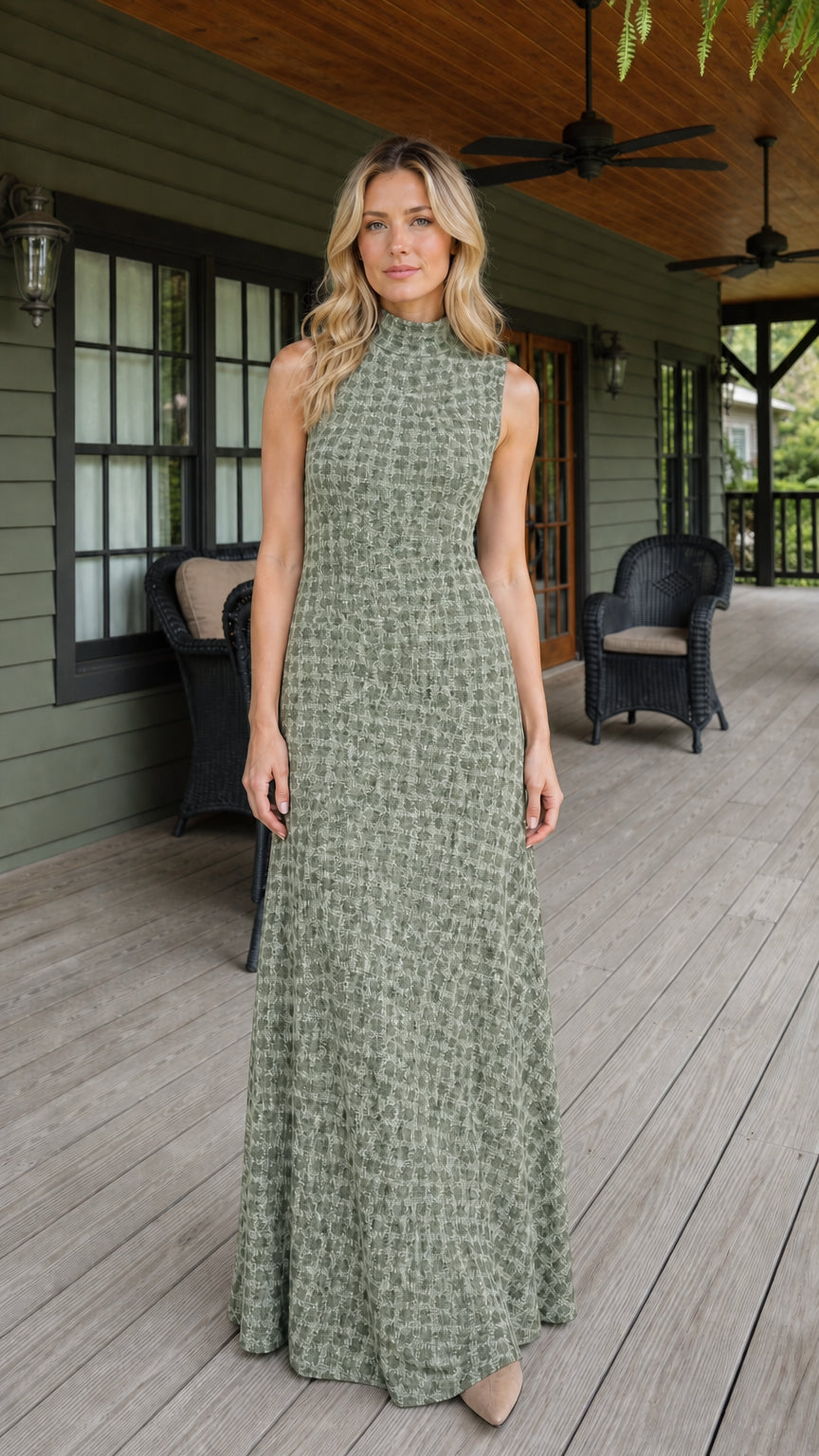 Front view of woman wearing sage green textured sleeveless maxi dress