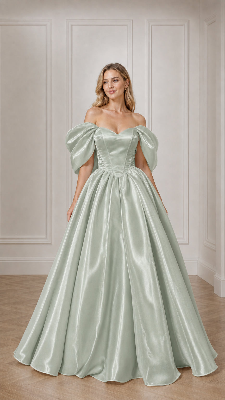Full view of woman in sage green off-the-shoulder satin ball gown