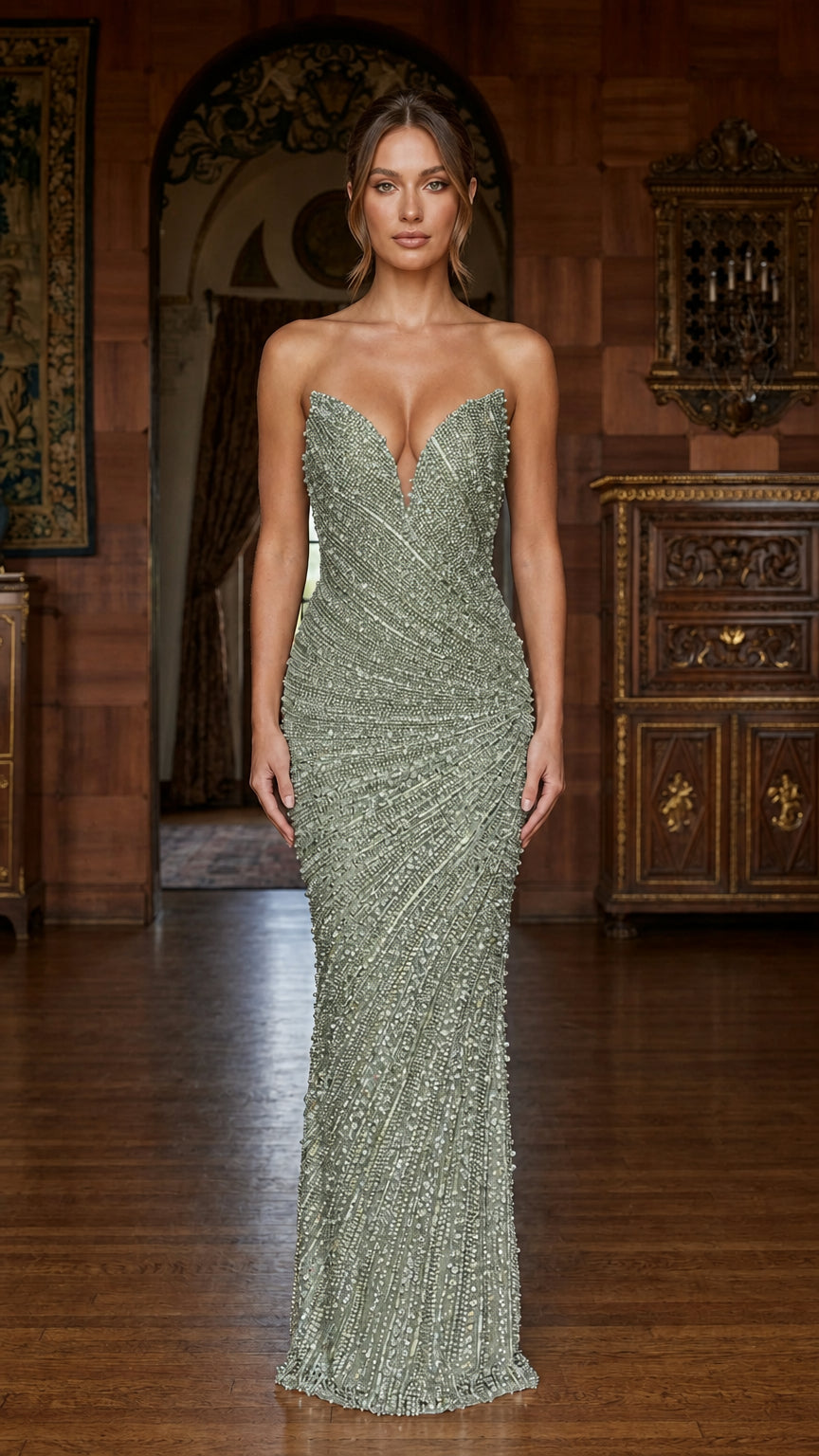 Front view of sage green color variant of the strapless evening gown