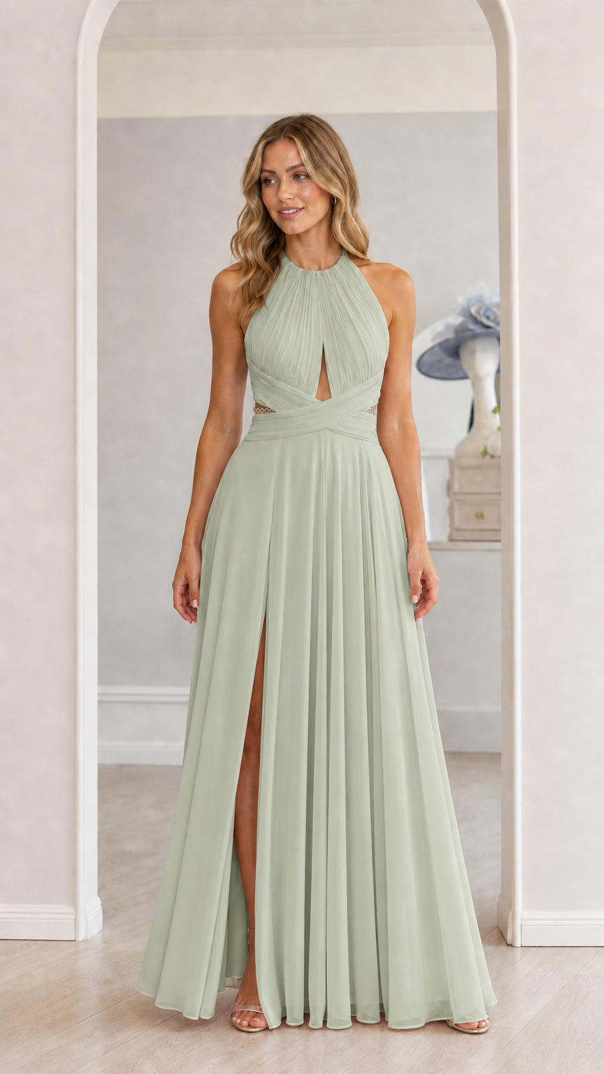 Model wearing sage green chiffon halter maxi dress with front slit
