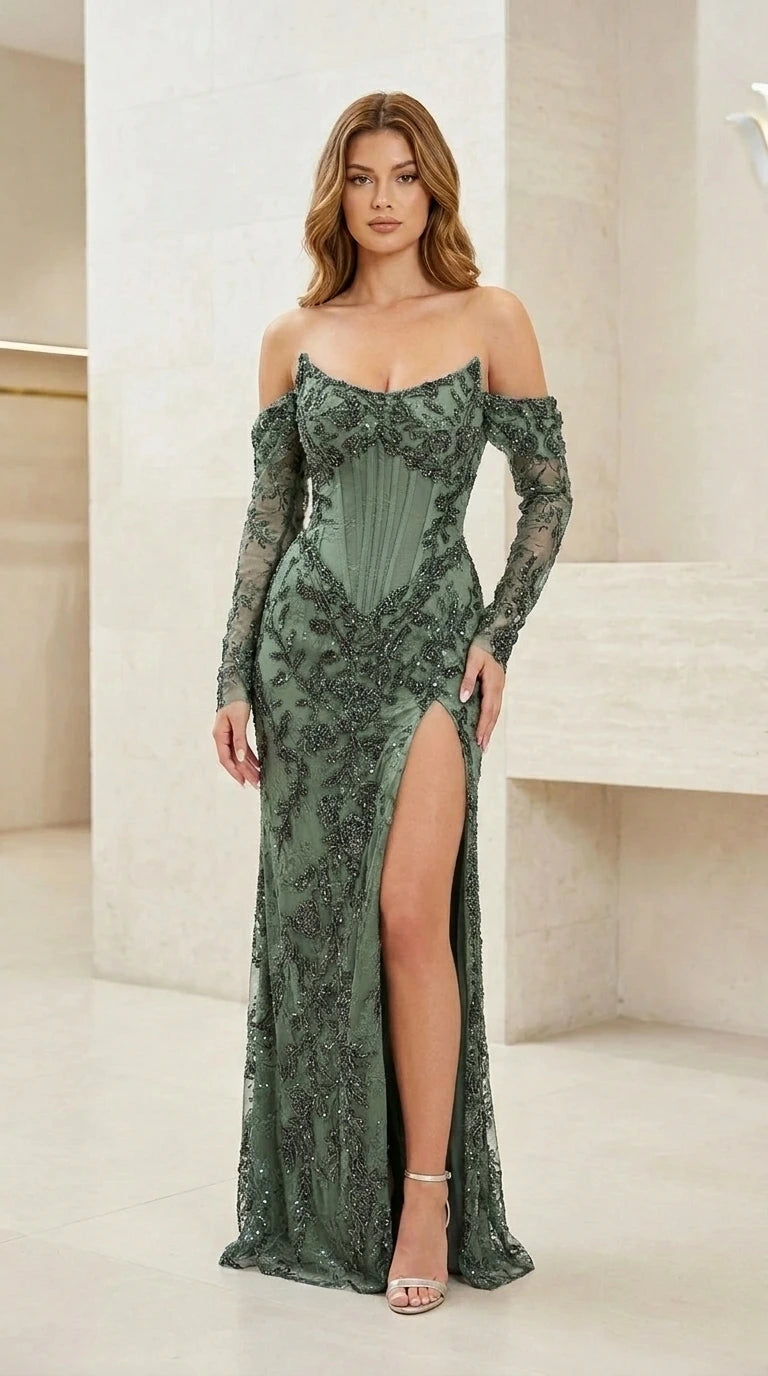 Model wearing Sage off-shoulder beaded evening dress