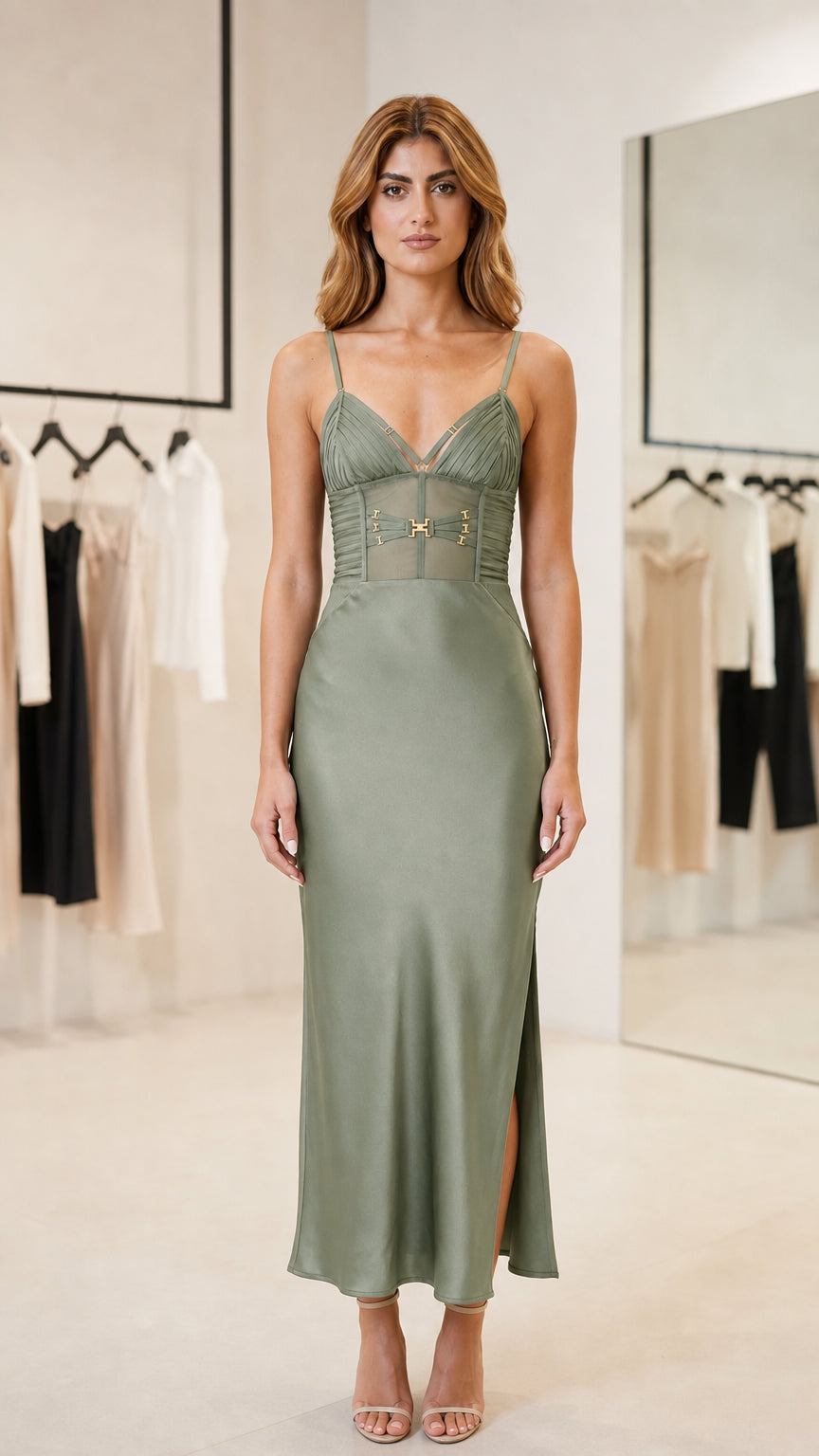 Front view of woman wearing Sage Green satin slip maxi dress