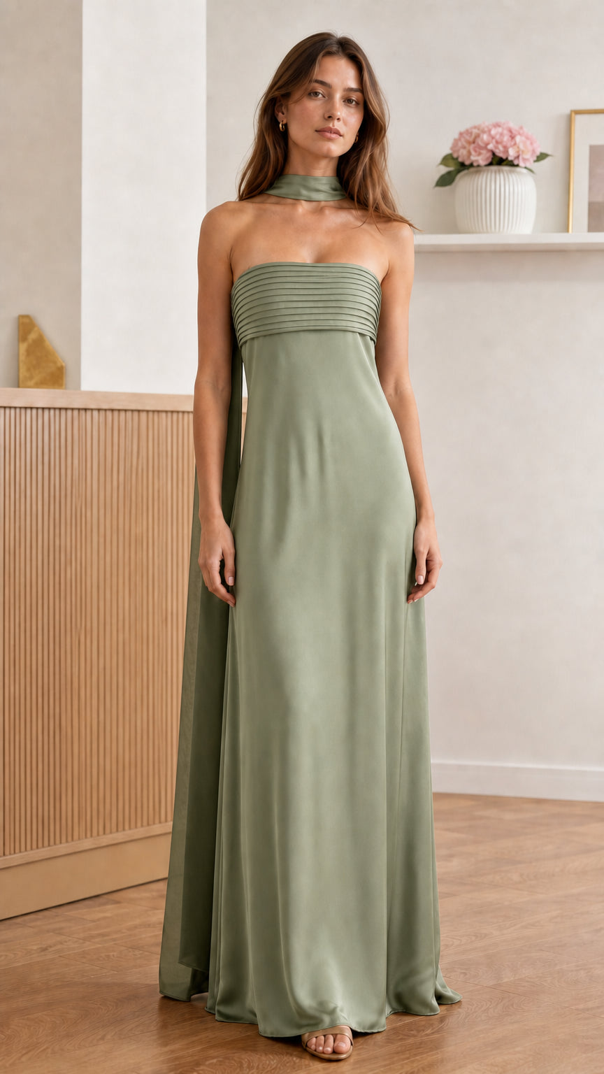 Front view of model wearing sage green pleated strapless maxi dress