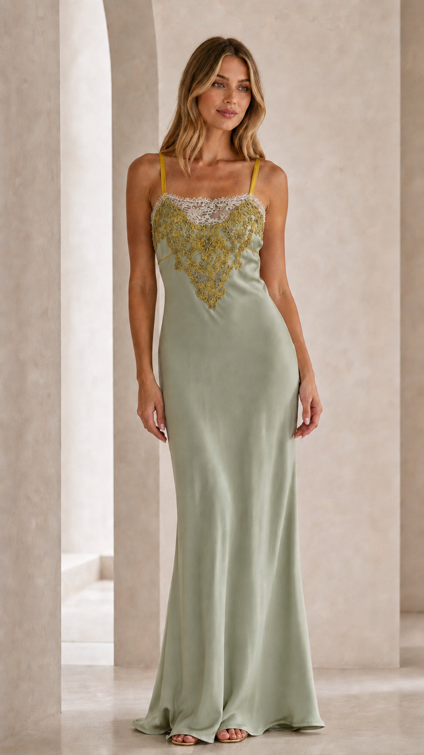 Front view of sage green satin slip maxi dress with embroidered bodice