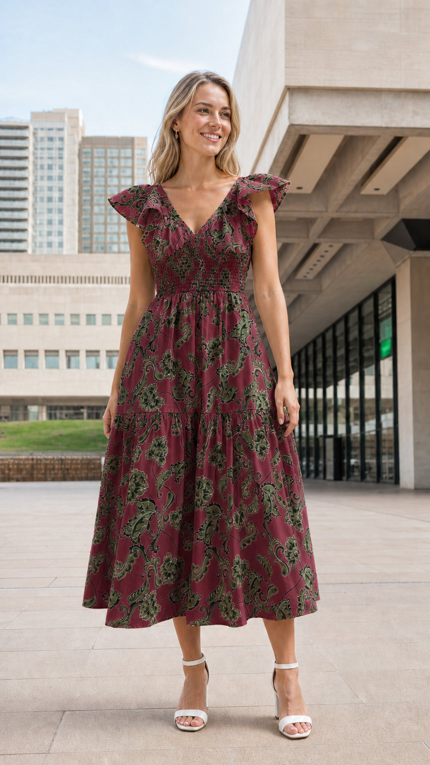 Woman wearing burgundy floral ruffle smocked midi dress