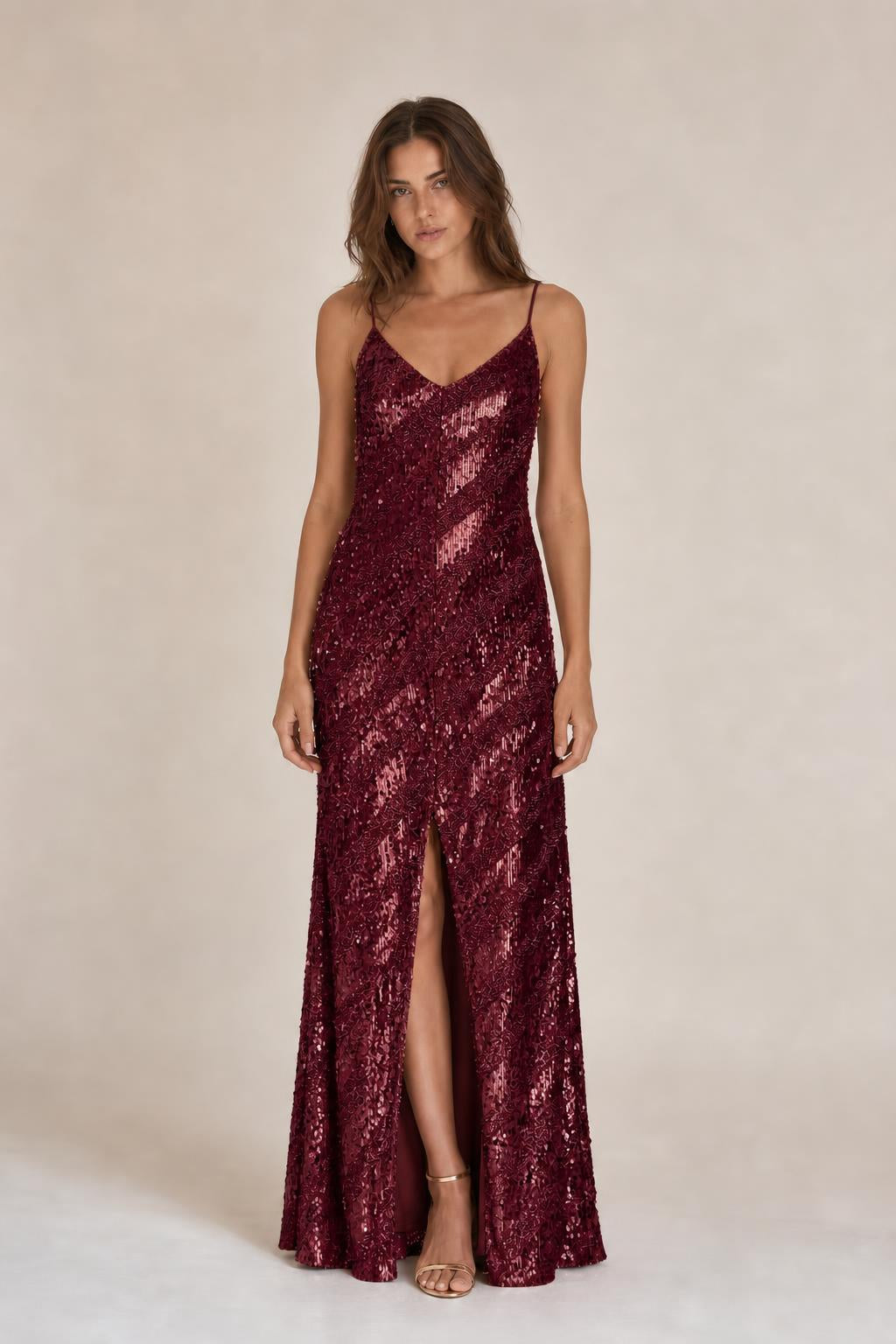 Model wearing Burgundy sequined maxi dress