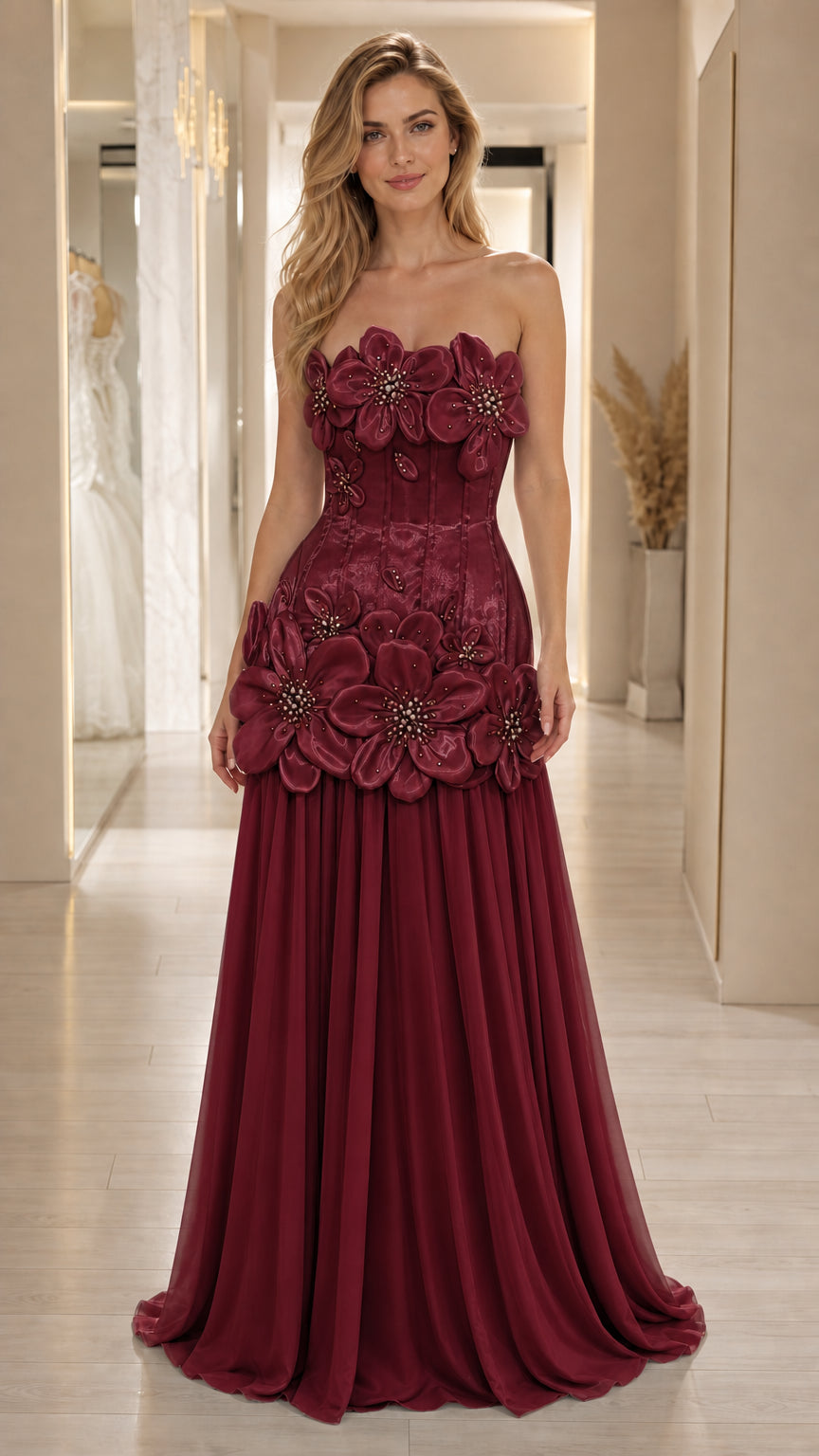 Front view of burgundy 3D floral strapless evening gown