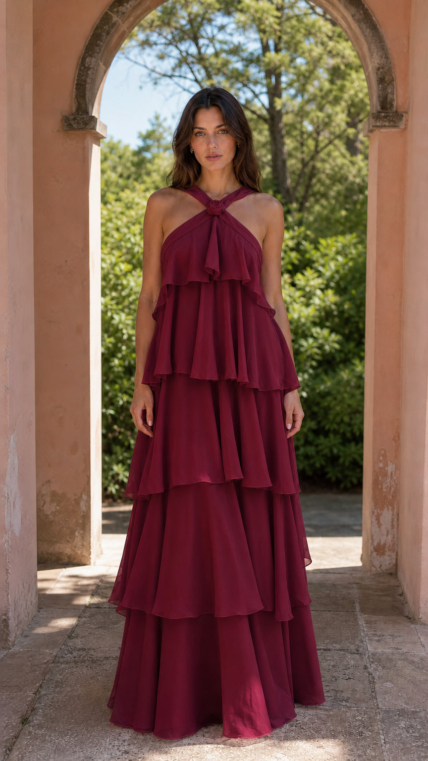 Model wearing burgundy red tiered maxi dress