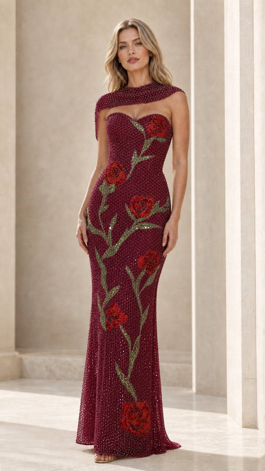 Front view of burgundy glitter evening gown with red roses