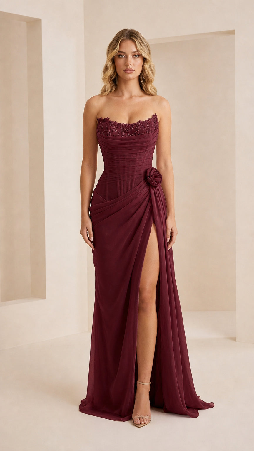 Front view of the burgundy evening gown variant