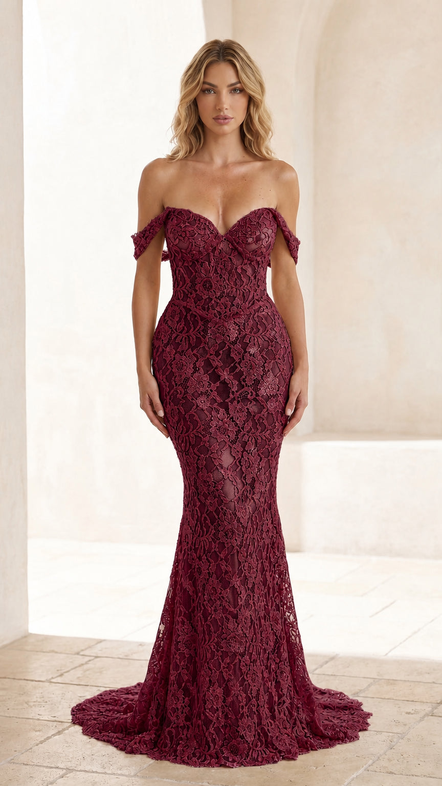 Front view of burgundy lace evening gown