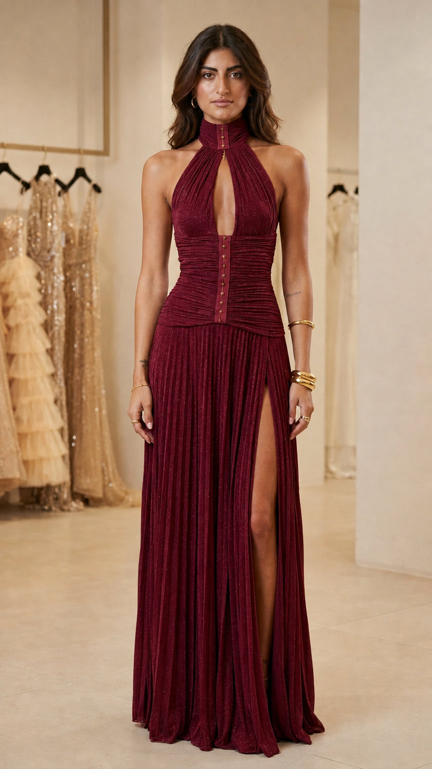 Front view of burgundy halter pleated maxi evening dress