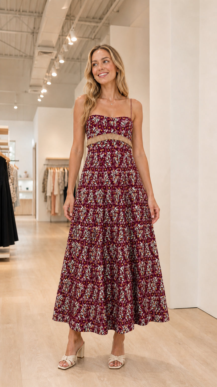 Front view of burgundy floral maxi dress