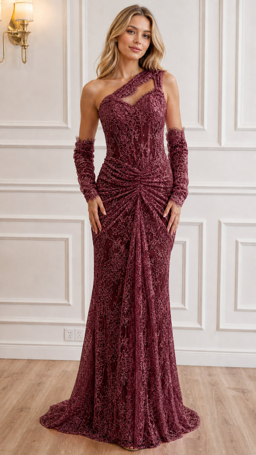 Front view of burgundy one-shoulder lace maxi dress with gloves