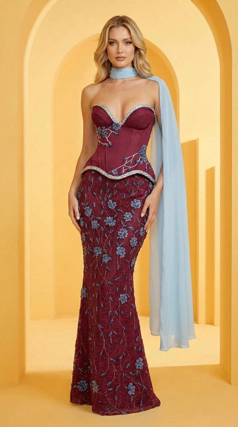 Full-length view of burgundy color variant