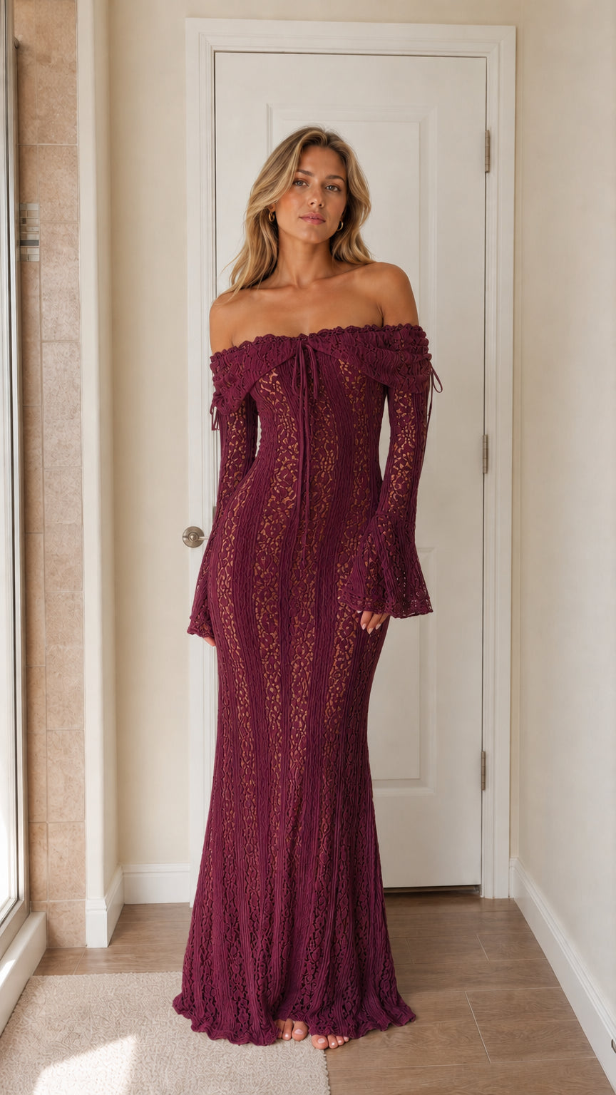 Full view of the burgundy color variant of the lace maxi dress