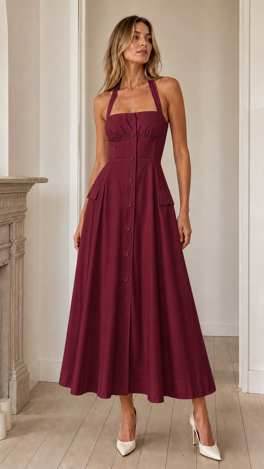 Front view of burgundy halter midi dress variant