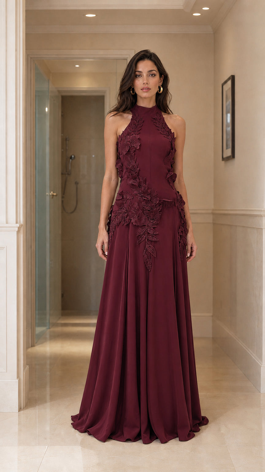Front view of burgundy halter neck evening gown