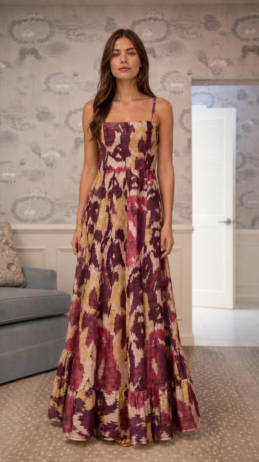 Model wearing burgundy multi abstract printed maxi dress