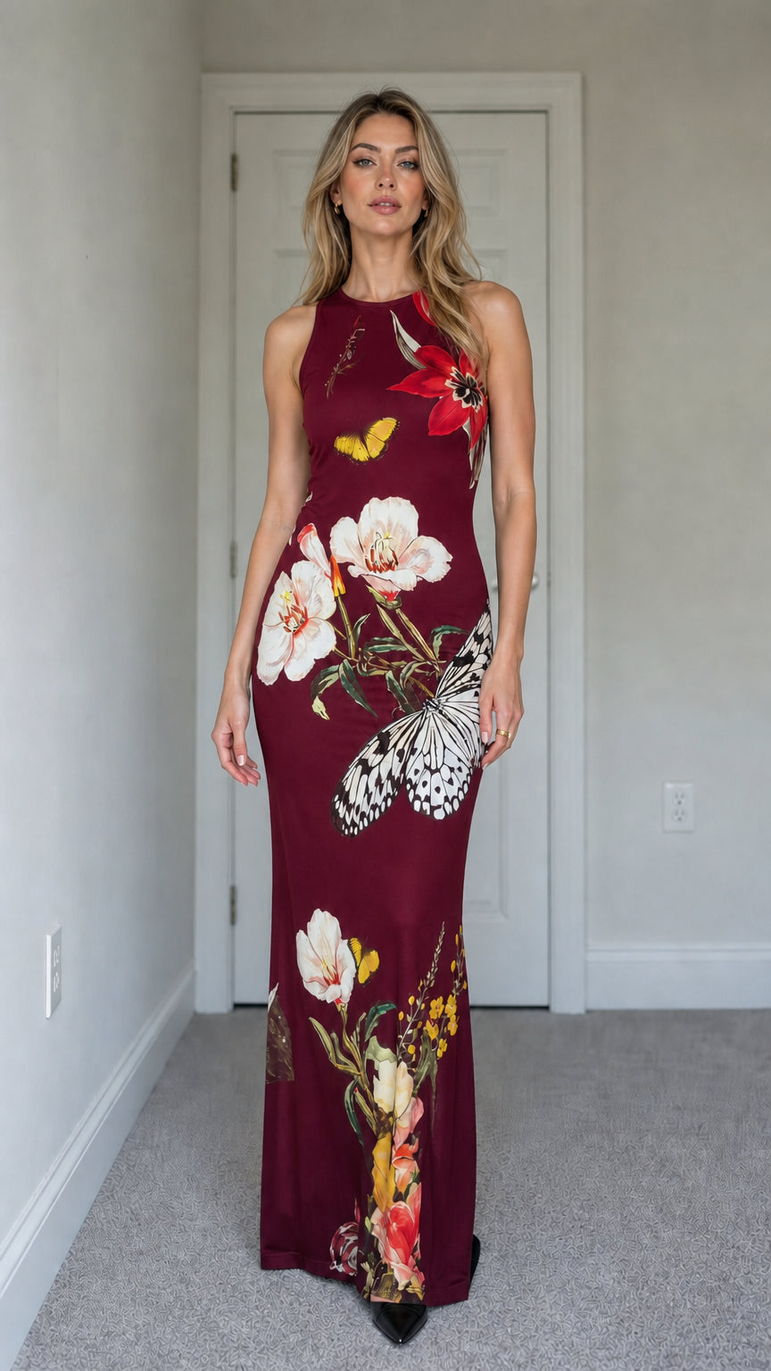 Model wearing burgundy floral butterfly print sleeveless maxi dress