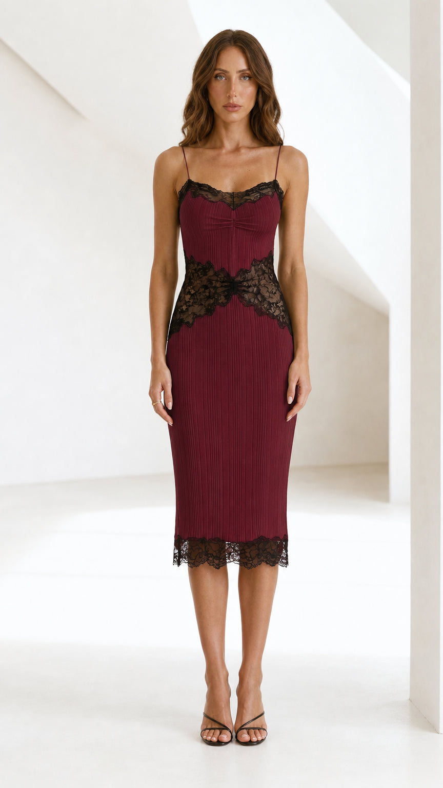 Front view of Burgundy lace trim midi cami dress