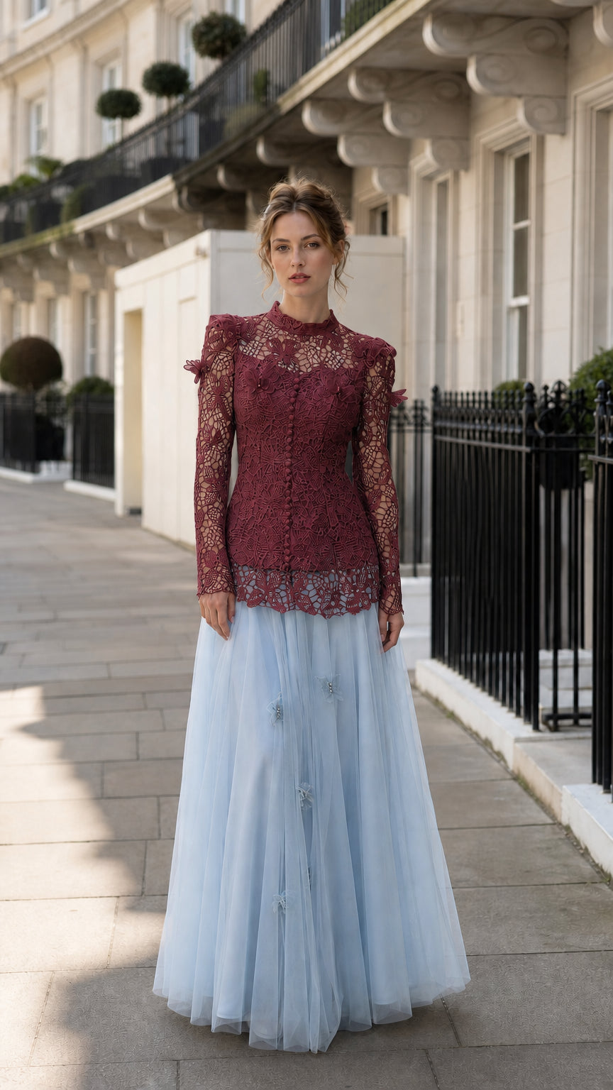 Full view of the burgundy lace top paired with the light blue tulle skirt