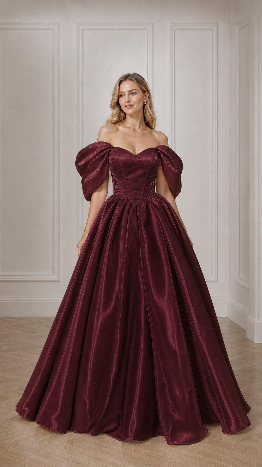 Full view of woman in burgundy off-the-shoulder satin ball gown