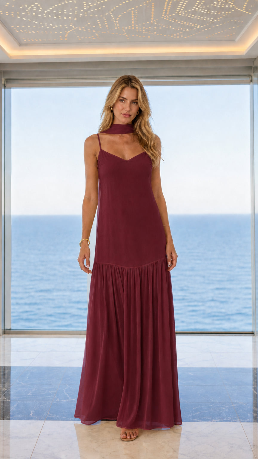 Front view of burgundy choker maxi dress