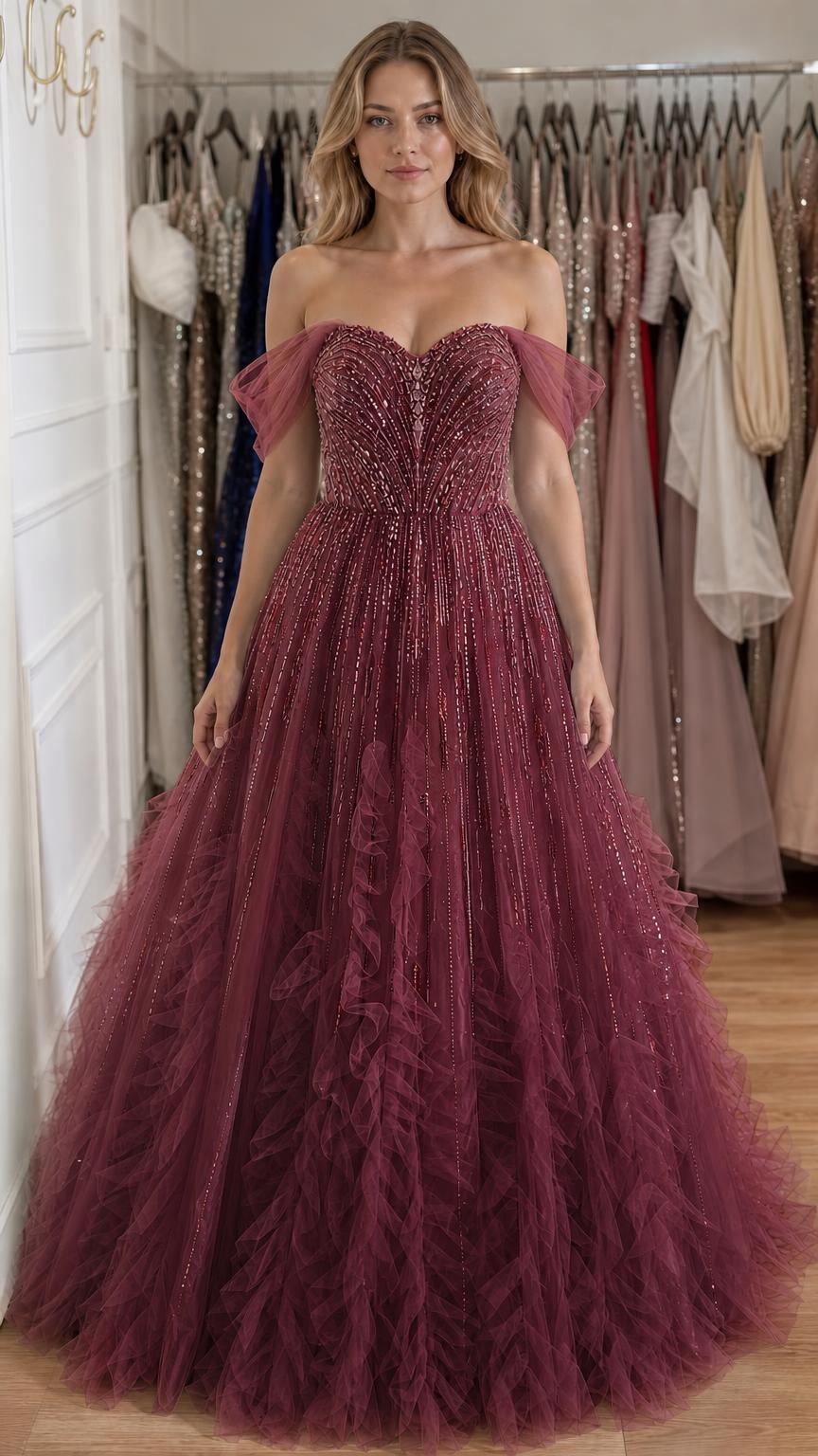 Front view of burgundy off-shoulder embellished tulle ball gown