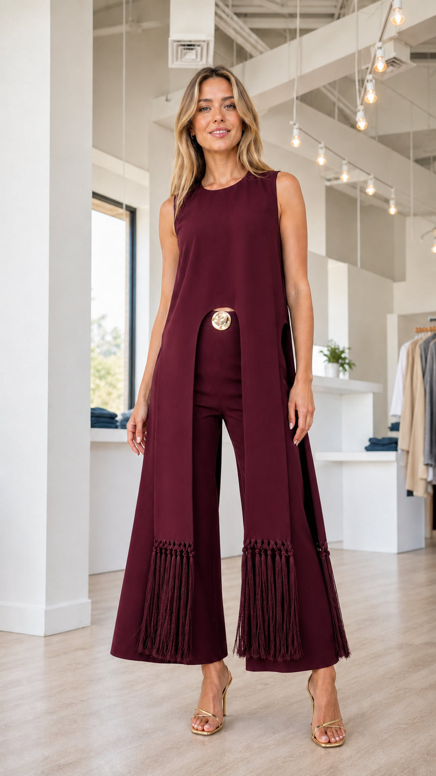 Model wearing burgundy tunic and fringe hem pants set