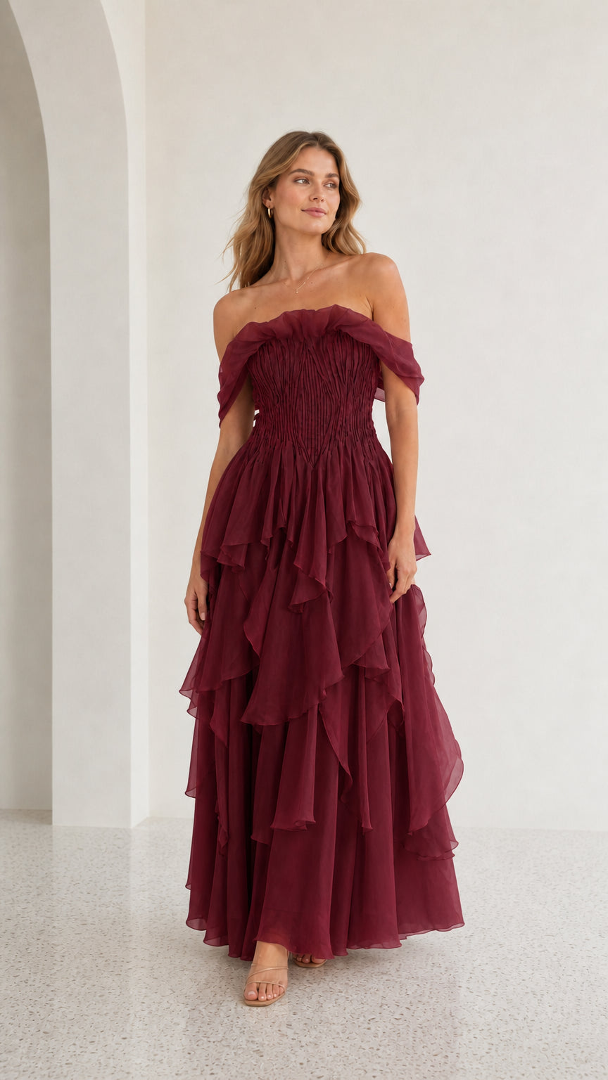 Front view of burgundy off-shoulder tiered maxi dress