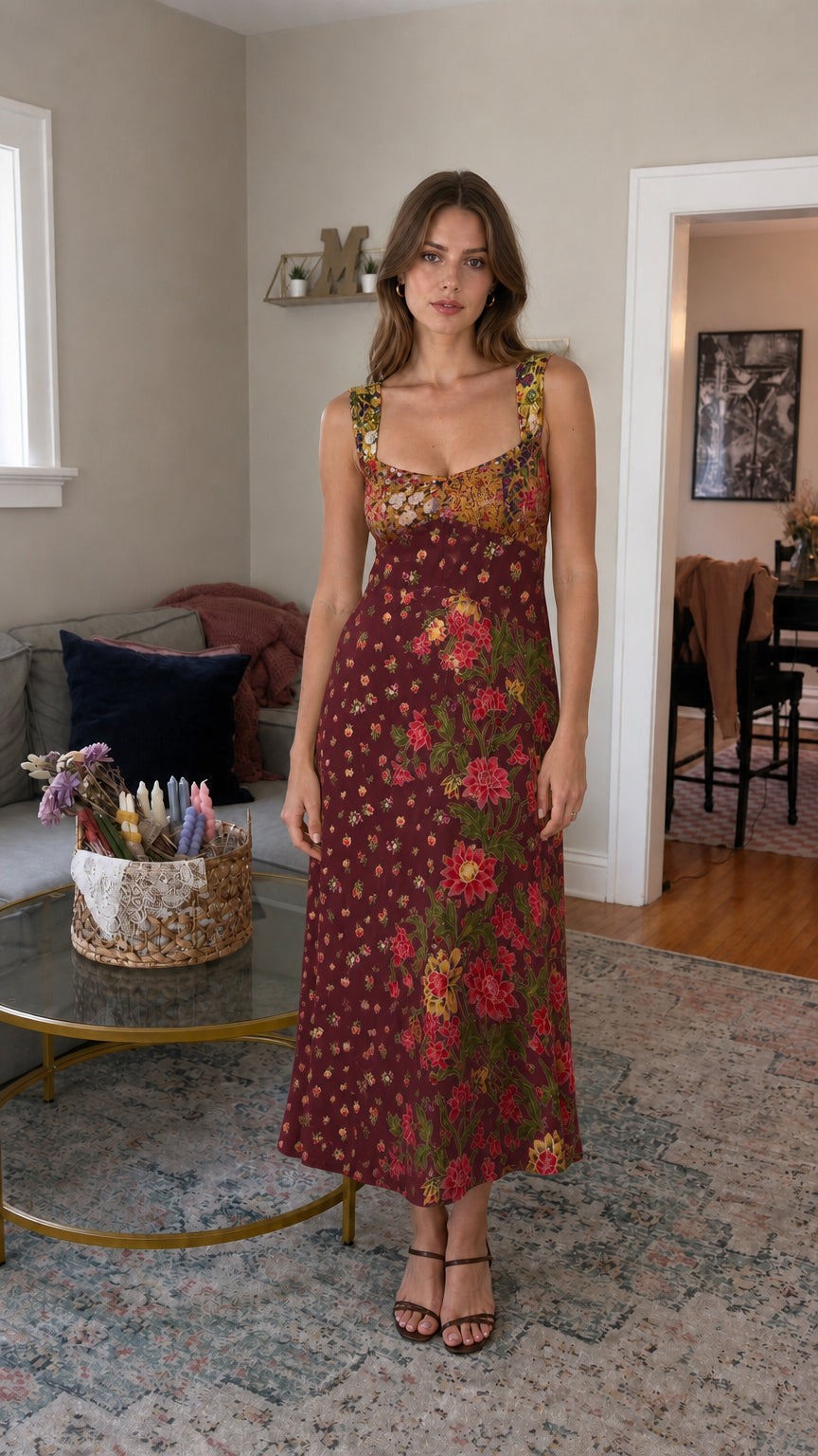 Front view of burgundy floral patchwork midi dress on model
