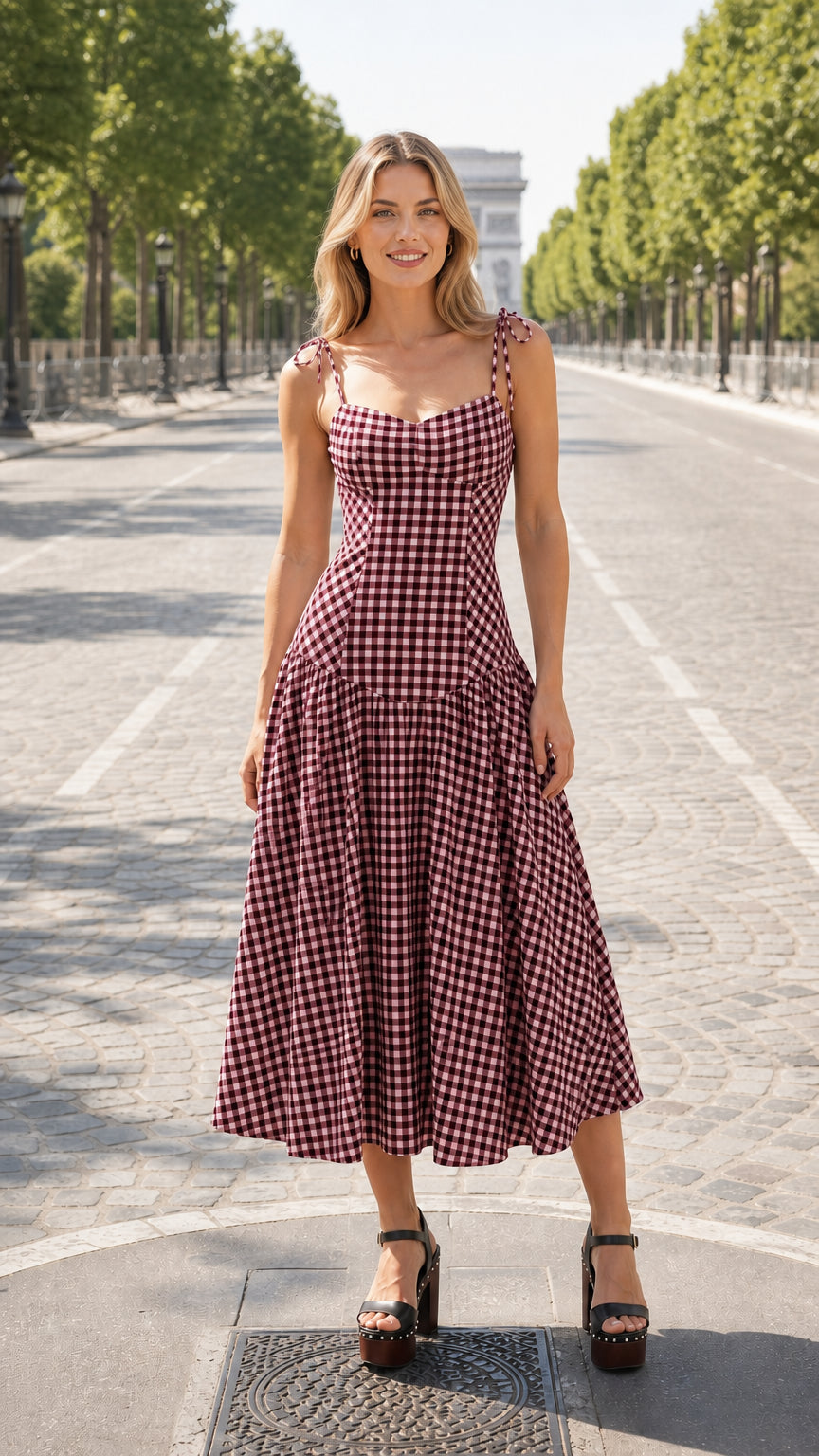 Burgundy and white gingham midi dress variant on model